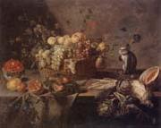 Still life of a basket of apples,grapes,plums,figs,gooseberries and redcurrants,together with a monkey,artichokes,celery,a melon,a pomegranate,a lemon